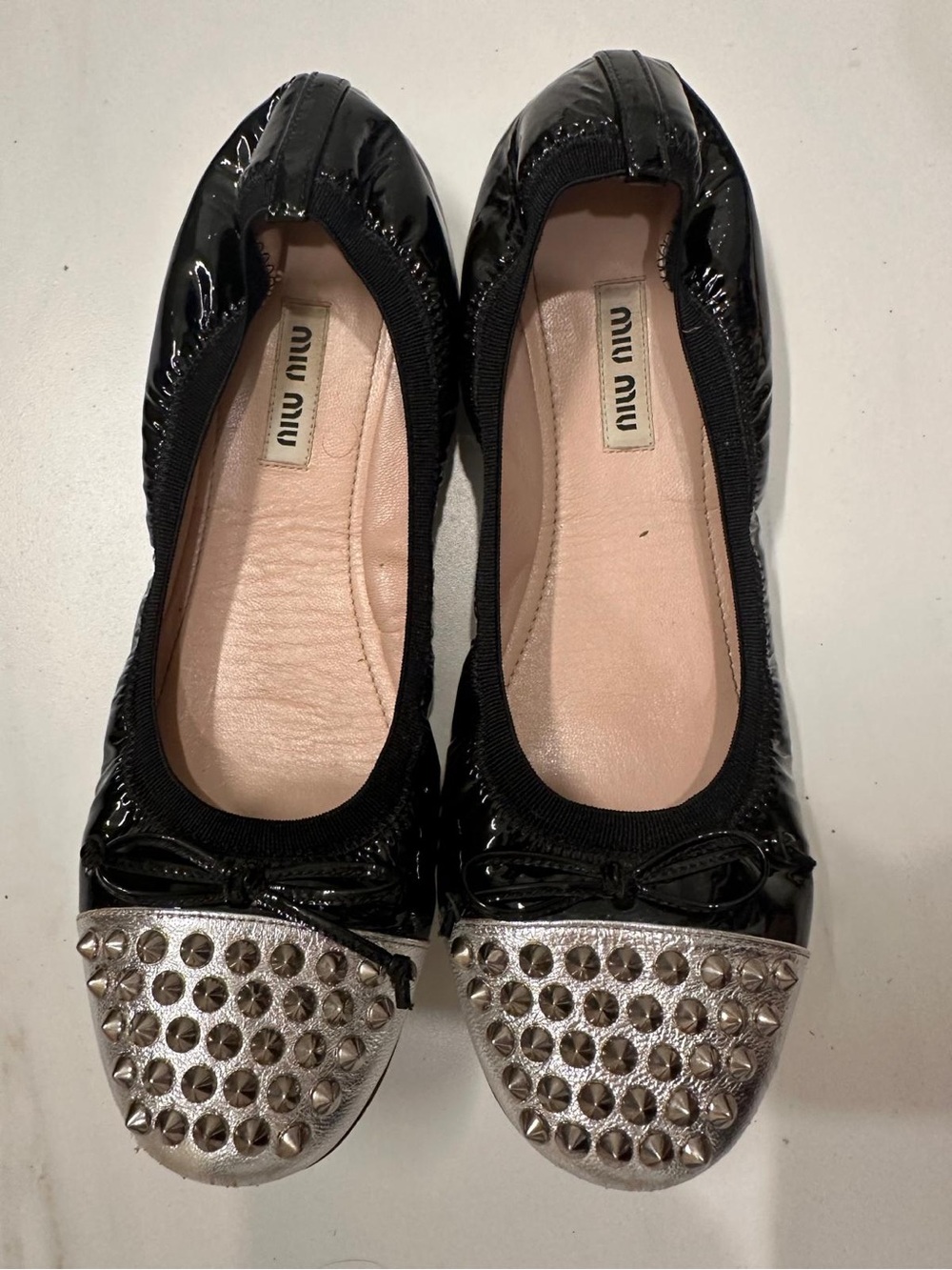 Miu Miu Black Patent Leather Ballet Flats with Silver Studded Cap-Toe